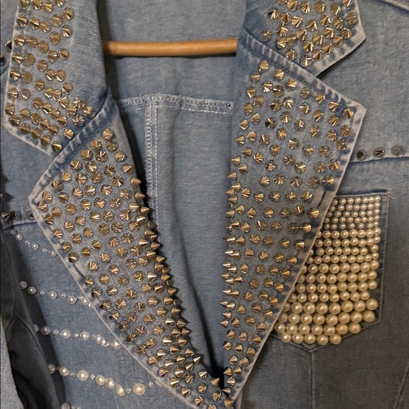 Studded Denim Jacket with Pearl Accents - Picture 2 of 4